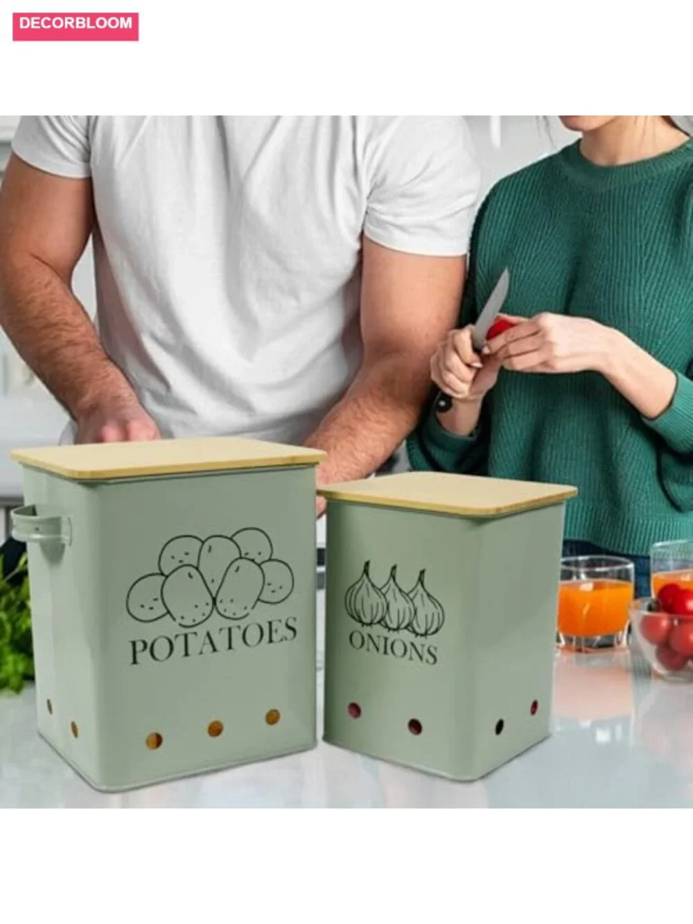 Metal Potato Onion Storage Bin Set with Wooden Lid Slicer Cutter